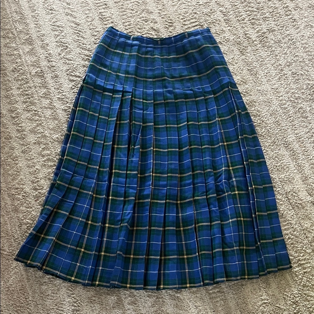 Vintage Carroll Reed Wool Blue Green Plaid Pleated Midi Skirt
